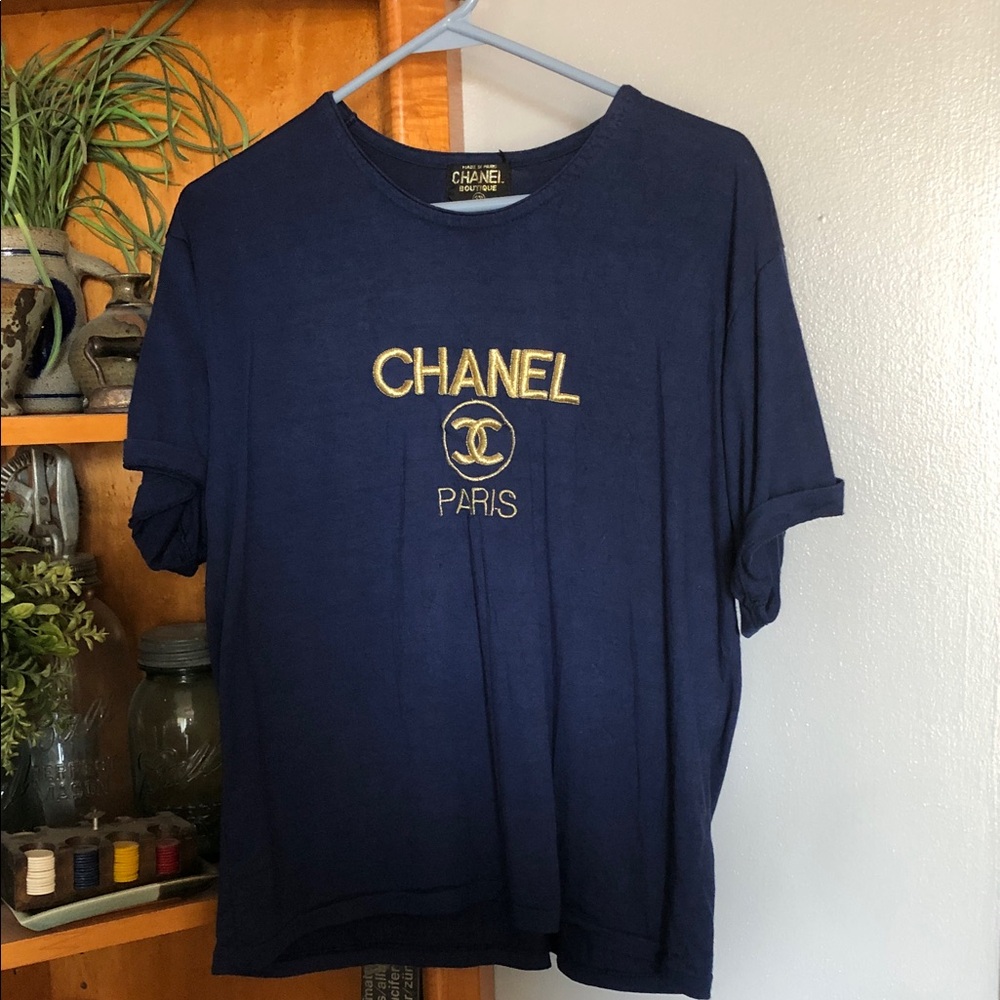 CHANEL Navy Tee with Gold Logo Embroidery